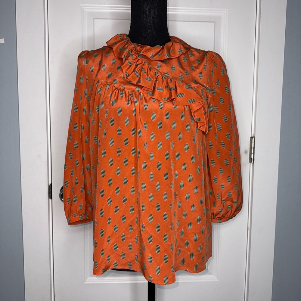 Hunter Dixon by Hunter Bell Orange Dot Silk Ruffle Button Flutter Blouse